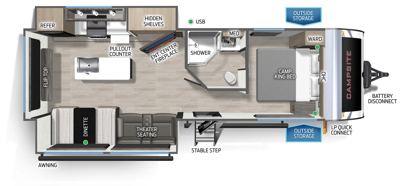 The Campsite Ultra 25JT floorplan has one entry and two slide outs. Exterior features include: fiberglass exterior. Interiors features include: kitchen island, front bedroom and rear living.